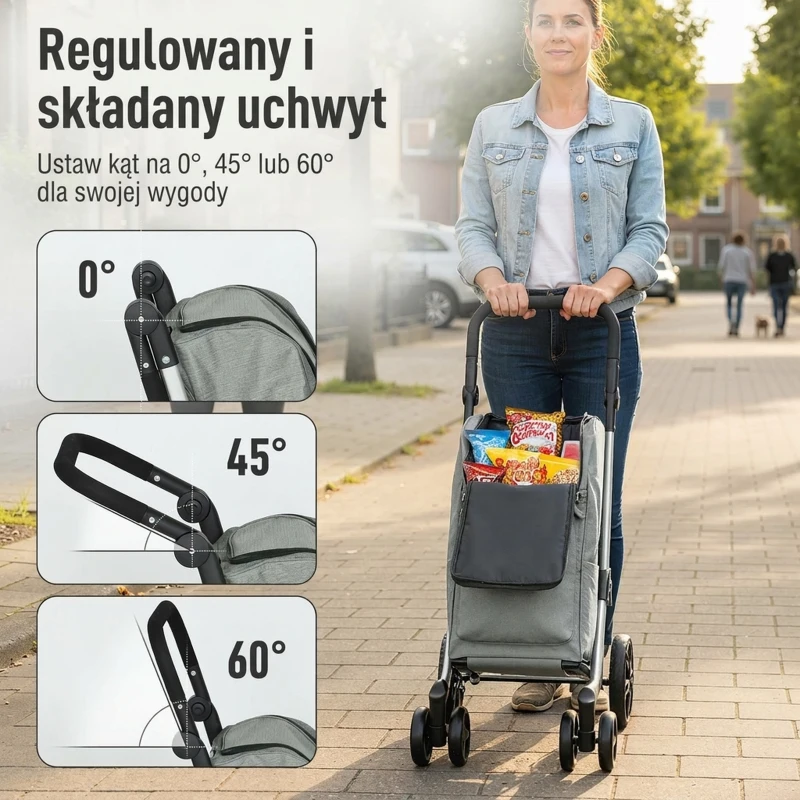 HOMCOM Wózek na zakupy, torba 46 litrów, składany wózek na zakupy z chłodziarką, regulowany uchwyt, rama aluminiowa, szary