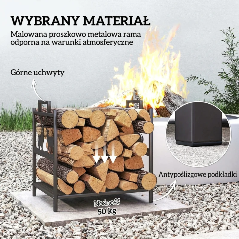 Outsunny Stojak na drewno kominkowe 42,5 x 33,5 x 43 cm z motywem renifera, czarny metalowy stojak na drewno do kominka
