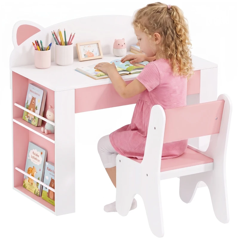 AIYAPLAY Kindertafel en stoelset voor leren en spelen, met lade en boekenrek, wit/roze