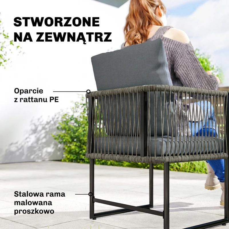 Outsunny Zestaw 2 Krzeseł Ogrodowych z PE-Rattanu i Stali z Poduszkami, Oparciem i Podłokietnikami, 52x52x66 cm, Ciemnoszare