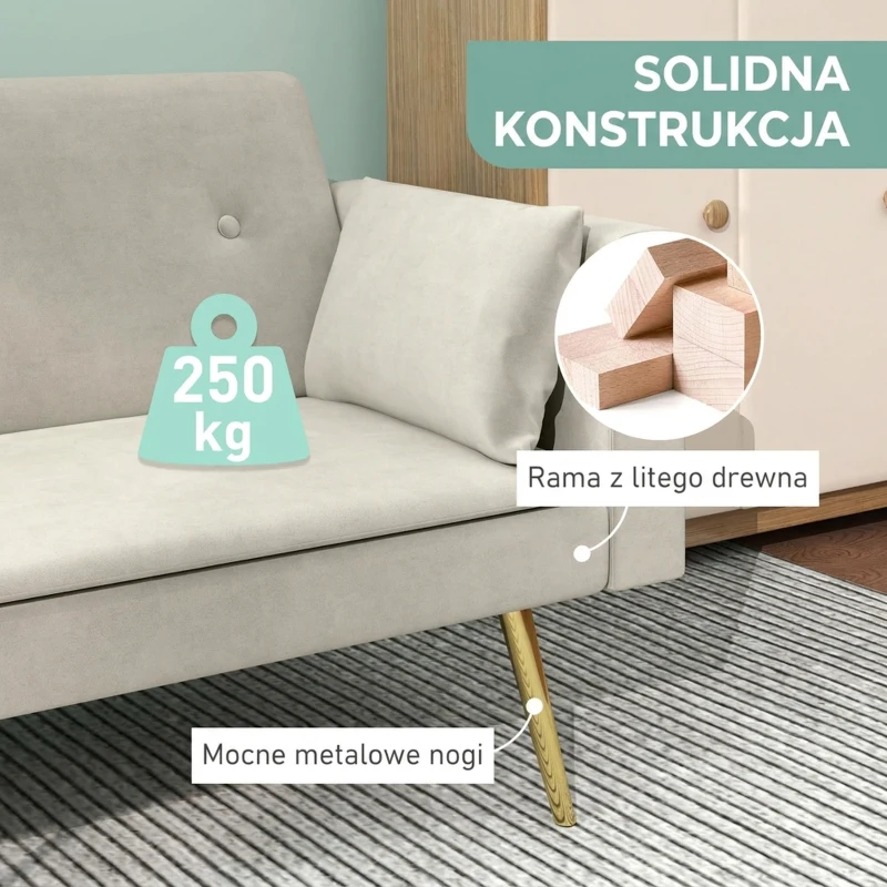HOMCOM sofa 2 osobowa z funkcją spania regulowane oparcie miękkie poduszki pokrycie aksamitowe do salonu pokoju gościnnego Beżowy