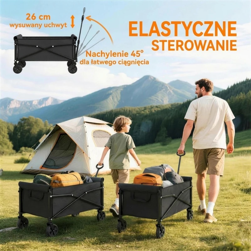 Outsunny 80L wózek festiwalowy na kółkach, kompaktowy składany wózek ogrodowy z regulowanym uchwytem, czarny