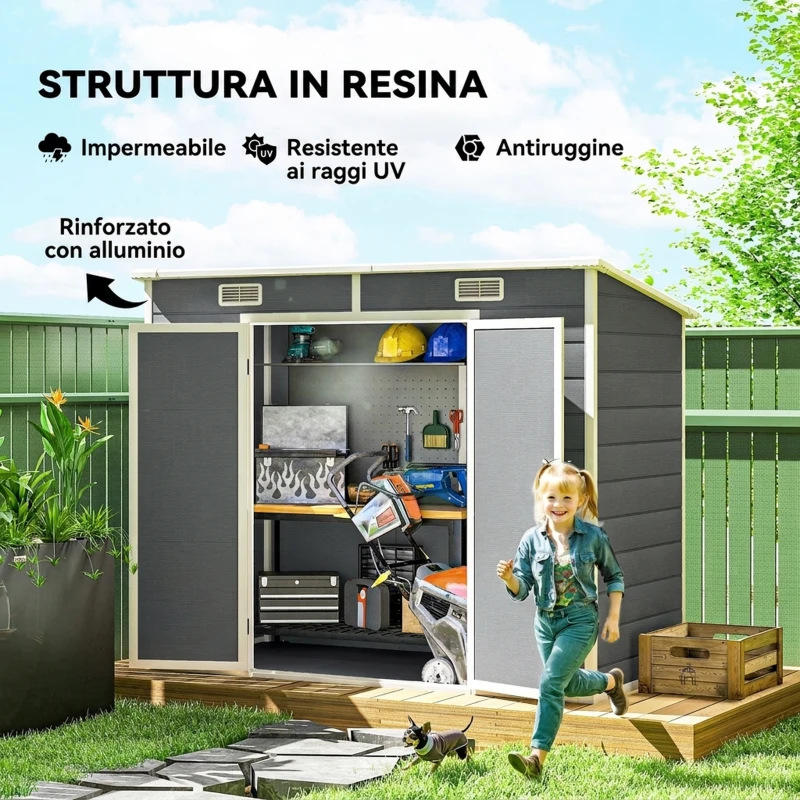 Outsunny Casetta da Giardino in Resina con Pavimento, 2 Porte con Blocco, Finestra, 2.4 x 1.3 m, Grigio