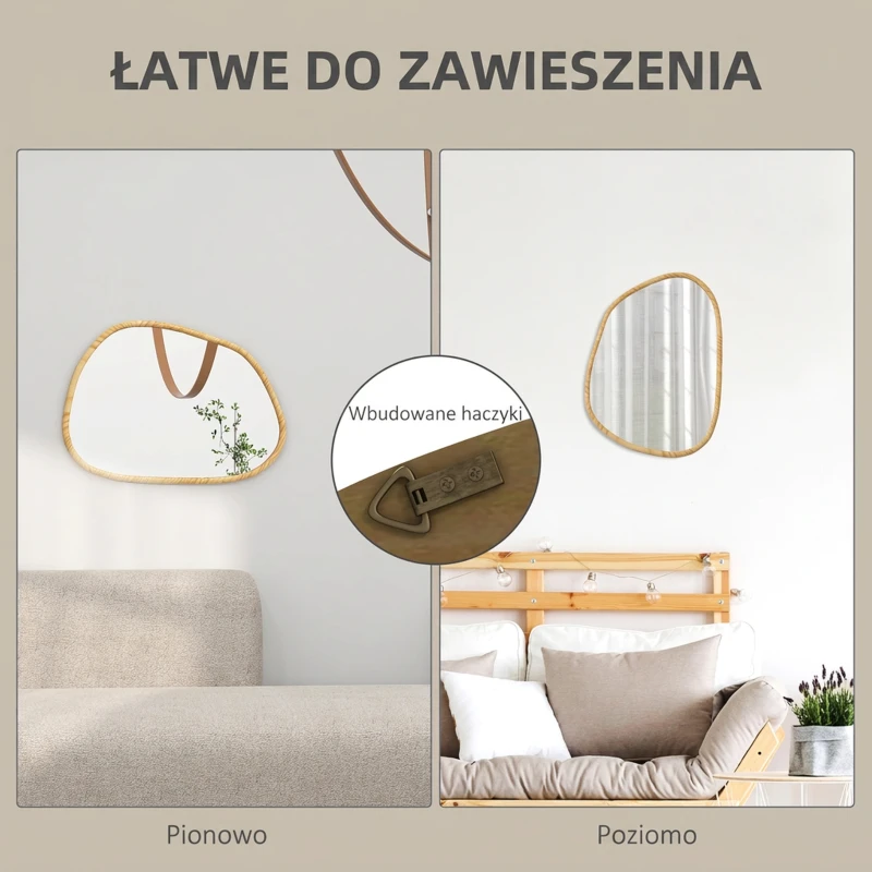 HOMCOM Asymetryczne Lustro Ścienne, 70 x 50 cm, z Ramą Drewnianą, Obróbka Antyoksydacyjna, Dekoracyjne do Łazienki, Salonu, Korytarza, Sypialni, Naturalne