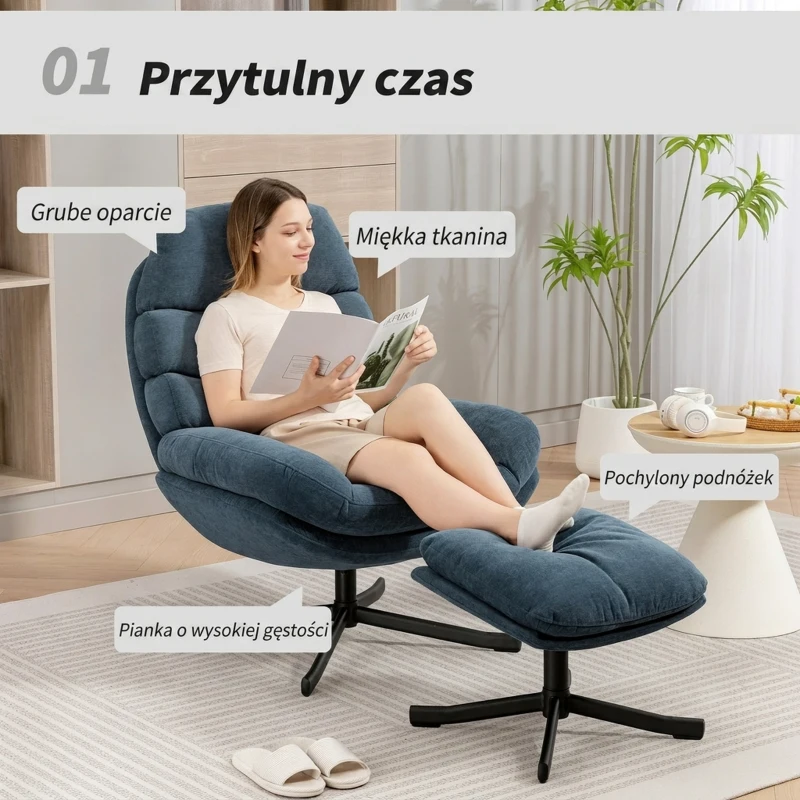 HOMCOM Fotel Relaksacyjny z Podnóżkiem, Niebieski, Wypoczynkowy Fotel z Materiału Chenille, Nowoczesny do Telewizji, z Podłokietnikami do Salonu, Sypialni