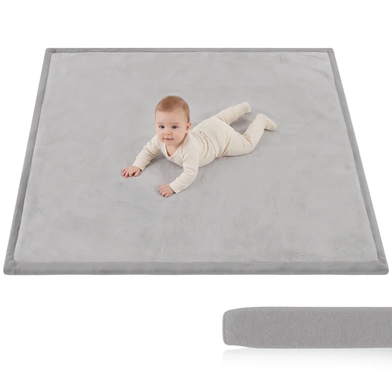 AIYAPLAY Kruipmat voor baby, 3 cm dikke speelmat van zacht flanel, 127 x 127 cm, antislip en waterafstotend, lichtgrijs
