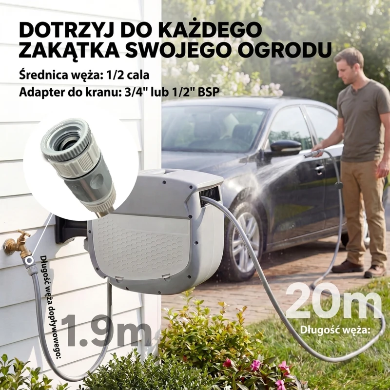 Outsunny Bęben na wąż ogrodowy 20 m, uchwyt obrotowy 180°, automatyczne zwijanie z blokadą