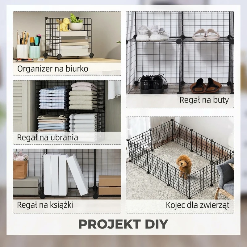 Regal z 6 półkami, system DIY, metalowa siatka, modułowe