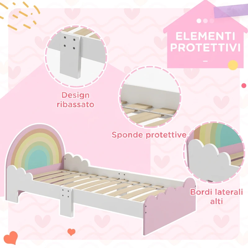 ZONEKIZ Lettino per Bambini 3-6 Anni con Sponde Laterali Anticaduta in MDF, 143x74x66 cm, Bianco e Rosa