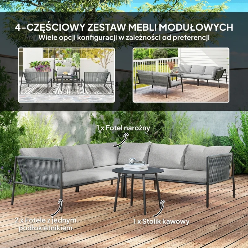 Zestaw mebli ogrodowych, rattan, narożnik, stół, poduszki