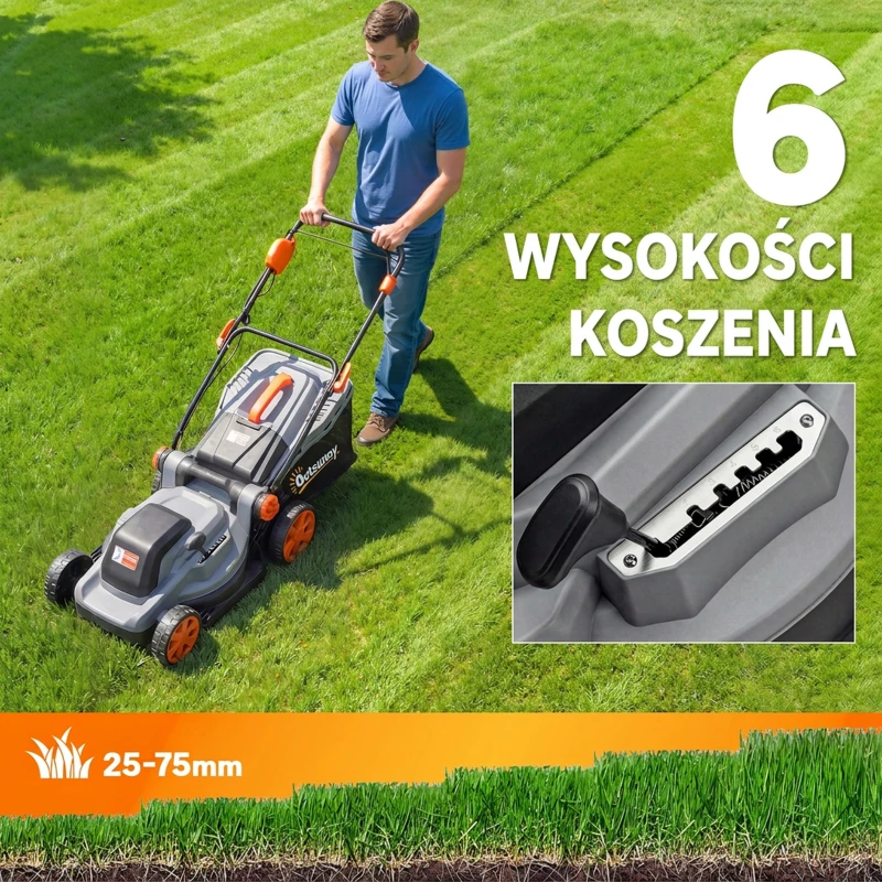 Outsunny Elektryczna kosiarka 1200 W z szerokością cięcia 34 cm, koszem na trawę o pojemności 35 litrów, funkcją mulczowania, 6 wysokościami cięcia, regulowanym uchwytem