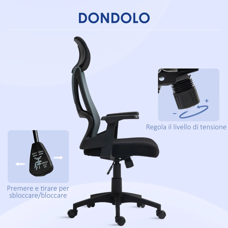 HOMCOM Sedia da Ufficio con Supporto Lombare e Poggiatesta, Seduta Girevole con Altezza Regolabile, Nero