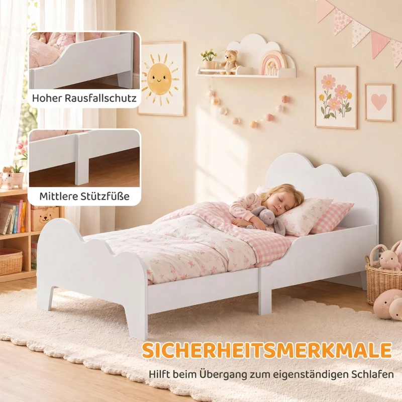 AIYAPLAY Kinderbed Wolkdesign met Uitvalbeveiliging, voor 3-8 Jaar, geschikt voor 140 x 70 x 5 cm matras, Wit