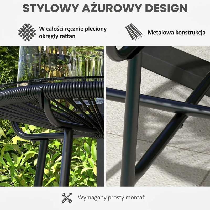 Outsunny Stolik ogrodowy w stylu boho Stolik pomocniczy na zewnątrz, rattan PE, szkło hartowane, odporny na warunki atmosferyczne, 50 cm x 50 cm x 50 cm, Czarny