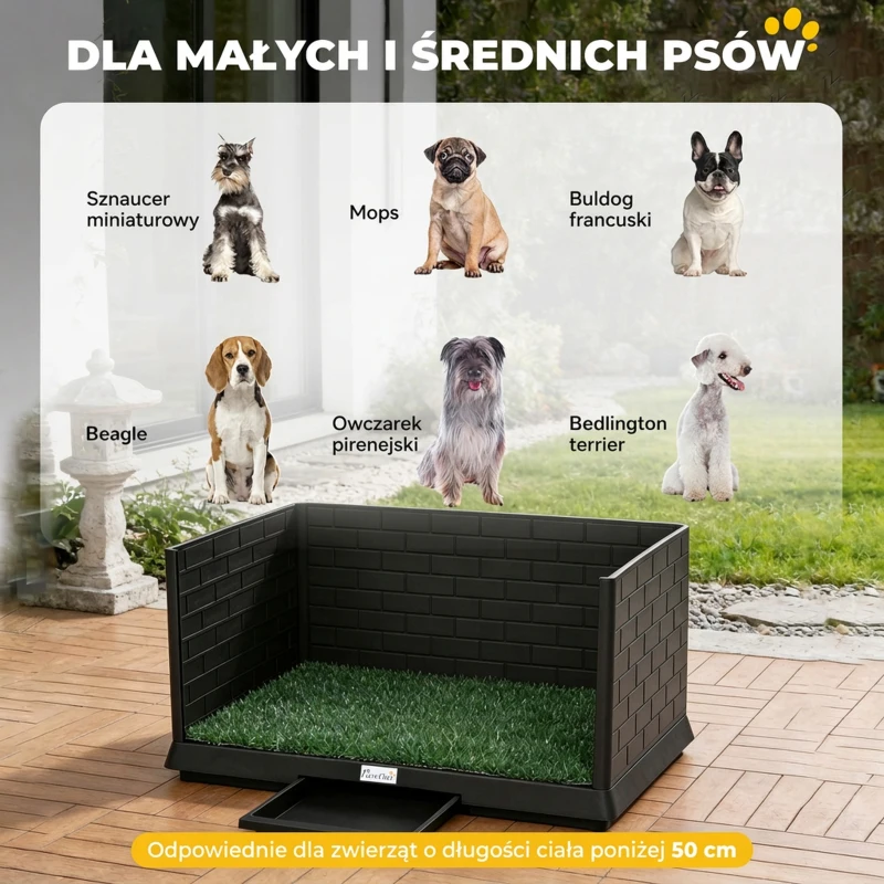 PawHut Toaleta dla psa 75 x 51 cm z trawą sztuczną, wysokimi ściankami, wysuwaną tacą i systemem odprowadzania - Czarna