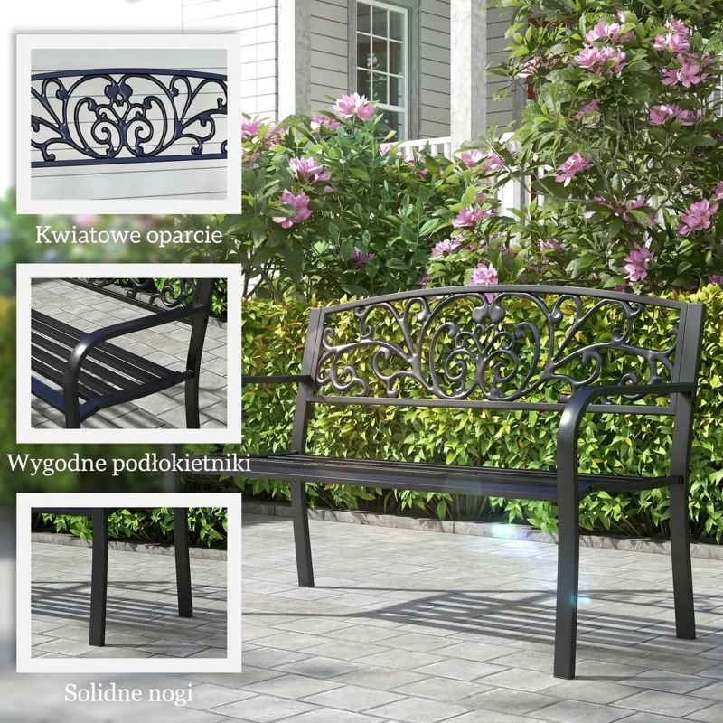 Outsunny Ławka Ogrodowa Metalowa z Wzornictwem Kwiatowym, 2-osobowa, Nośność 240 kg, Stal, 127D x 60S x 87W cm, Czarny