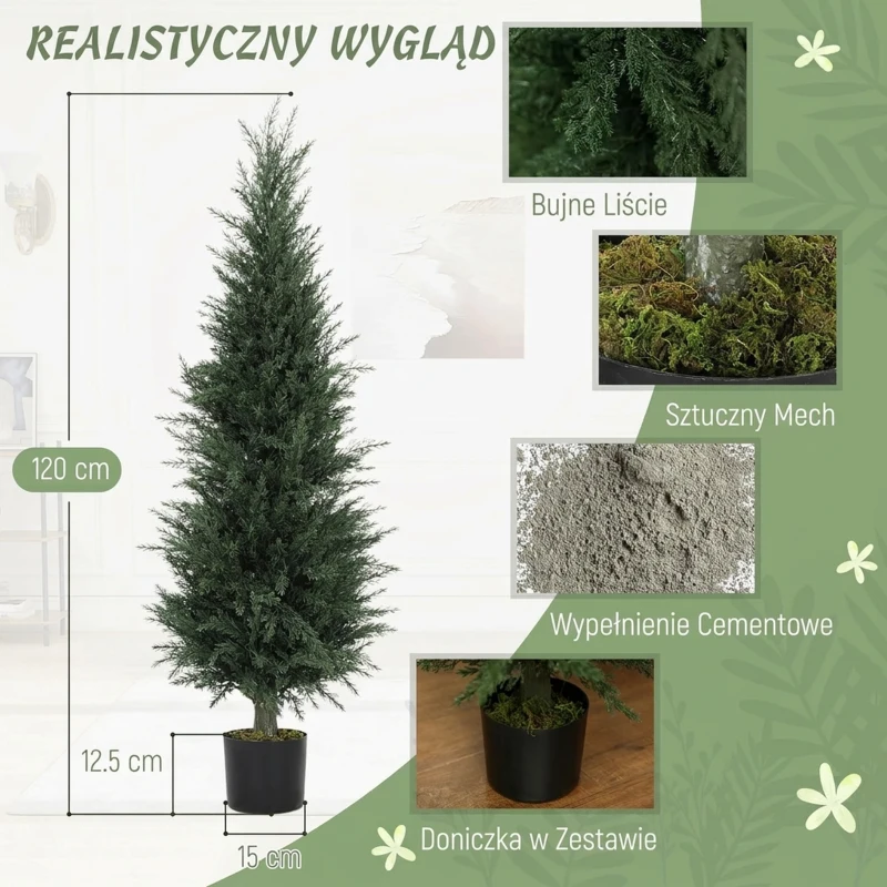 HOMCOM Sztuczna Cyprysowa Roślina 120 cm z Mchem, Odporna na UV Plastikowa Roślina w Doniczce, Dekoracyjny Sztuczny Drzewko do Salonów, Sypialni, Biur, Ogrodów, Prezent