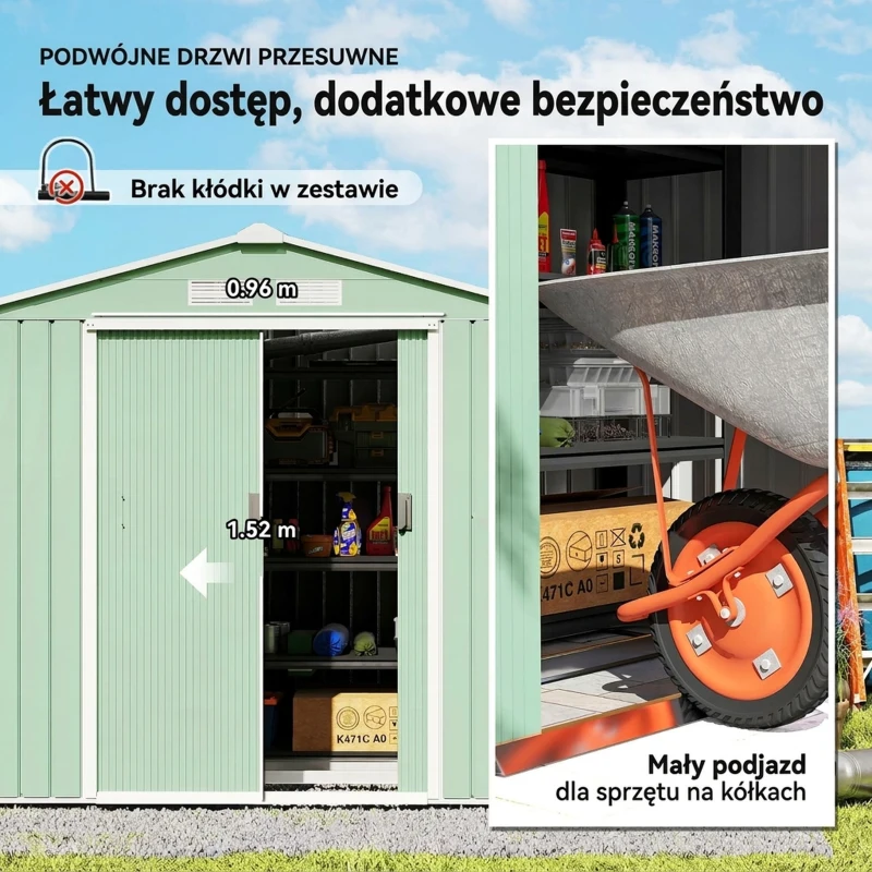 Outsunny Szop ogrodowy, 2 drzwi przesuwne, okna wentylacyjne, rama podłogowa z ocynkowanej stali, nierdzewna stal, jasnozielony, 2,13 x 1,30 x 1,85 m