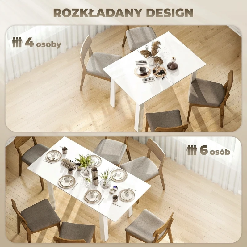 HOMCOM Stół rozkładany 120-160 x 80 cm, stół kuchenny dla 4-6 osób, nowoczesny stół jadalny, biały połysk