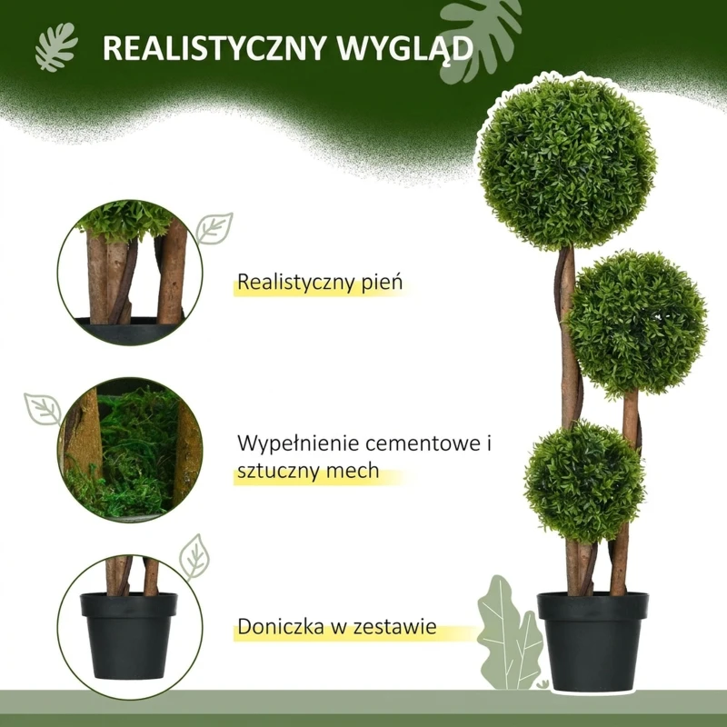 HOMCOM Sztuczny bukszpan duży 110 cm, UV-odporna roślina z 3 kulami do salonu, sypialni, biura, ogrodu