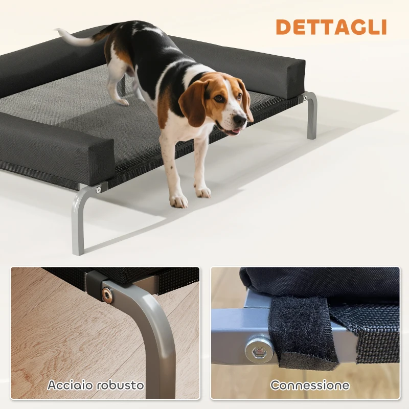 PawHut Lettino per Cani Rialzato di 19.5 cm con Cuscino a U, in Poliestere e Acciaio, 110x75x30 cm, Nero e Argento