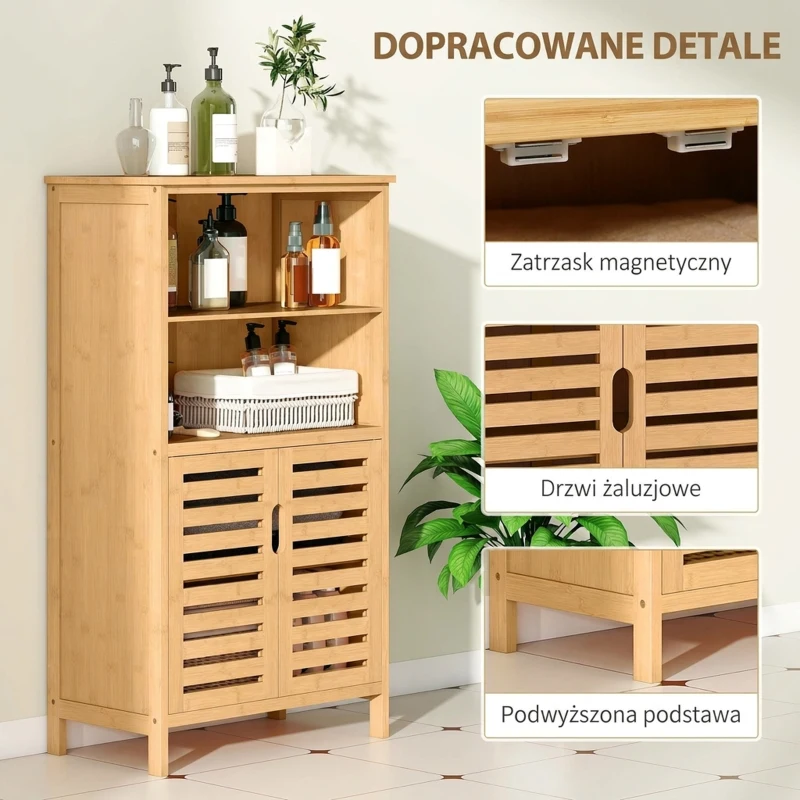 Szafka łazienkowa z bambusa kleankin, z drzwiami z żaluzjami, 2 półki, 1 szafka, 50 cm x 29 cm x 92 cm, naturalna