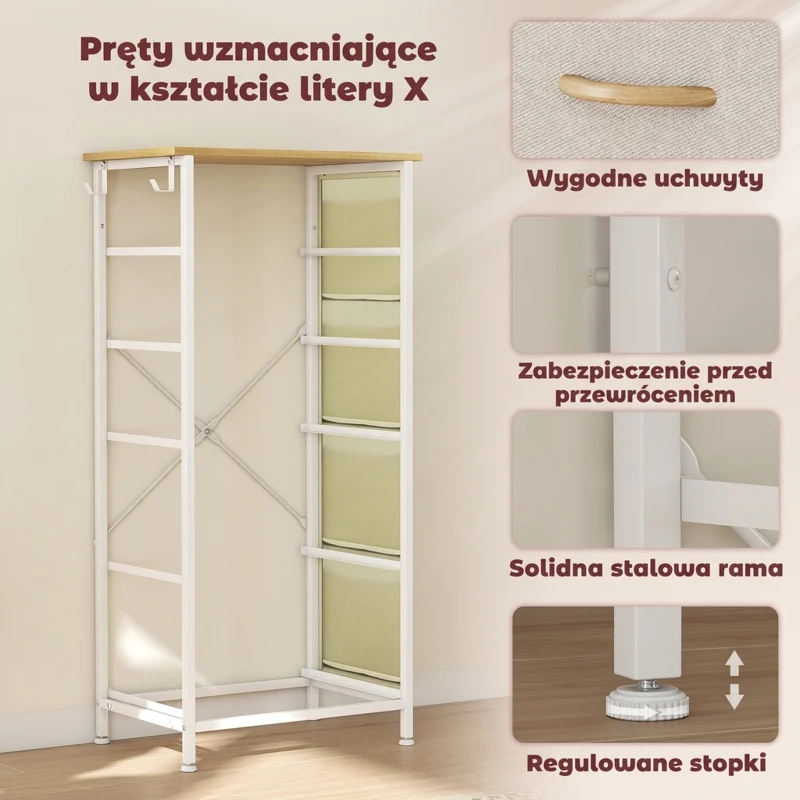 HOMCOM Komoda do sypialni z 5 materiałowymi szufladami, stalowymi wzmocnieniami, drewnianym blatem, 4 kieszeniami i 2 hakami, beżowa