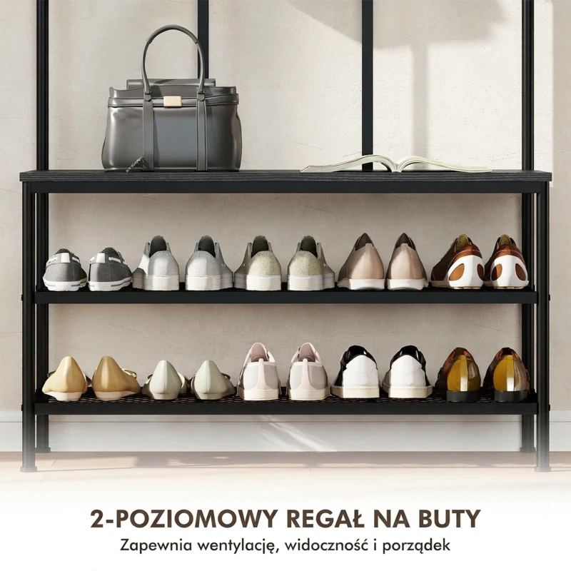 HOMCOM Wieszak na ubrania 3 w 1 z ławką i wieszakiem na buty, wolnostojący wieszak na ubrania z ławką na buty i 6 haczykami do przedpokoju, przedpokoju, salonu, czarny