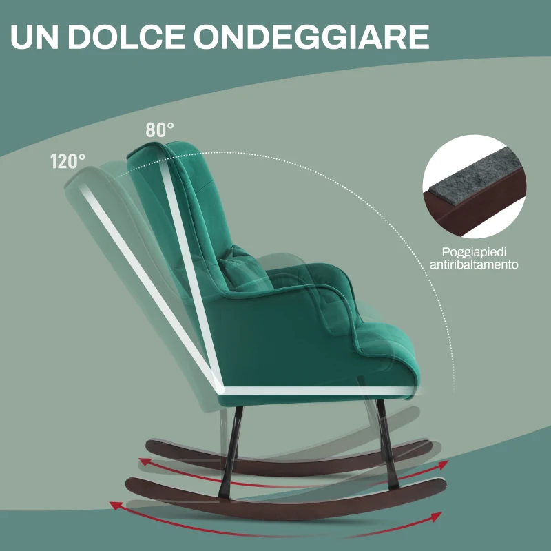 HOMCOM Poltrona a Dondolo in Velluto con Schienale Alto a Bottoni, Cuscino e Braccioli, Verde
