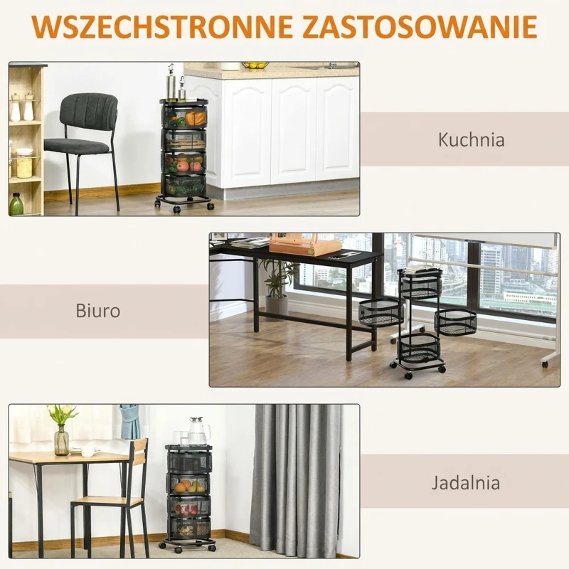HOMCOM Wózek kuchenny z 4 poziomami, kosze z siatki, górna półka, obrotowe kółka, czarny