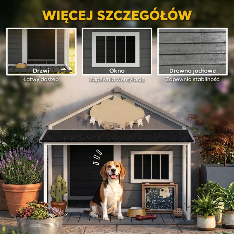PawHut Domek dla psa na zewnątrz, z werandą, odporny na warunki pogodowe, 124 cm x 112 cm x 105 cm, Szary + Biały