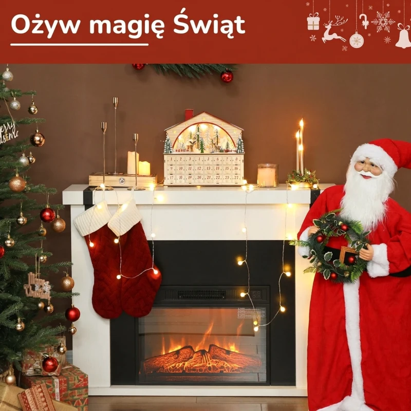HOMCOM Kalendarz adwentowy do napełniania, 24 szufladki, Świąteczny kalendarz z LED, Dekoracje świąteczne, Pudełko adwentowe, Naturalne drewno, 36 x 10 x 34 cm