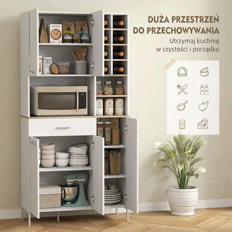 HOMCOM Tall Kitchen Cupboard, Freestanding 5-Door Kitchen Storage Cabinet with Wine Rack, Adjustable Shelves, Open Shelves and Drawer, Pantry Cabinet with Open Countertop and Cable Hole, White