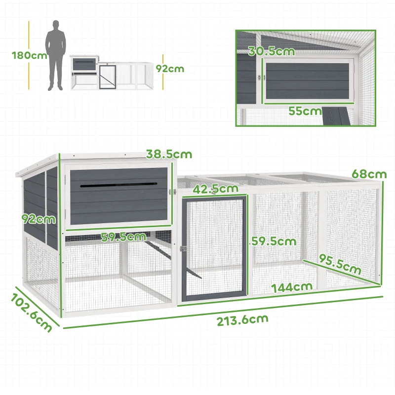 PawHut Pollaio per Galline in Legno di Abete con Casetta, Nido per Cova e Area Esterna, 214x101x 91.5 cm, Grigio