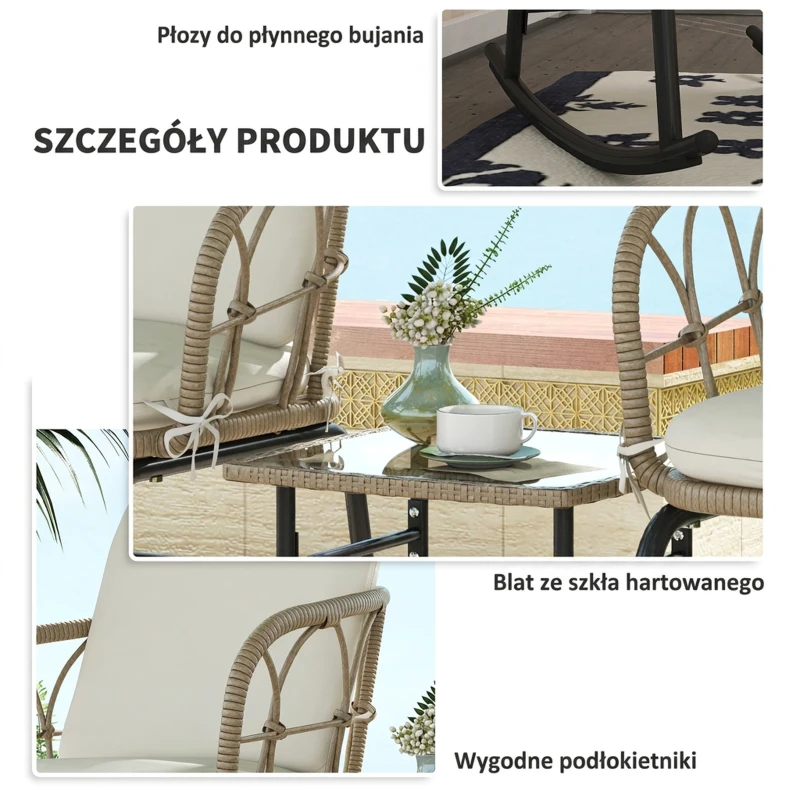 Outsunny Zestaw bujanych krzeseł w stylu boho, z PE-Rattanu, odporny na warunki atmosferyczne, Kremowy