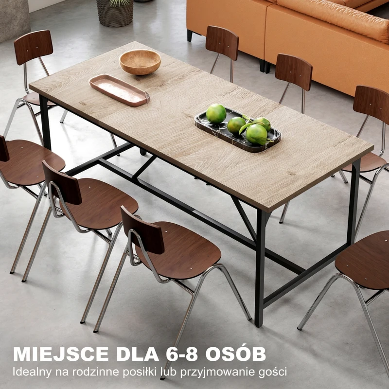HOMCOM Stół jadalniany dla 6-8 osób, nowoczesny prostokątny stół kuchenny z blatem w drewnianym wykończeniu i czarnymi stalowymi nogami, 180 x 80 x 75,5 cm, naturalny