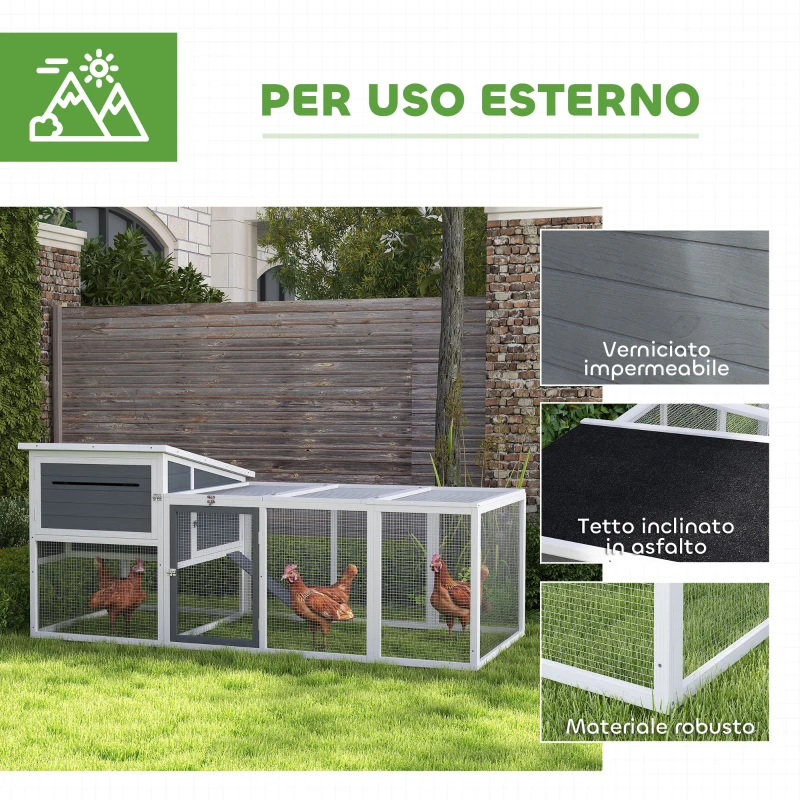PawHut Pollaio per Galline in Legno di Abete con Casetta, Nido per Cova e Area Esterna, 214x101x 91.5 cm, Grigio