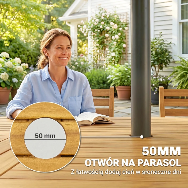 Outsunny Zestaw mebli ogrodowych FSC drewno 7-częściowy, rozkładany stół z 6 składanymi krzesłami, otwór na parasol, design lamelowy