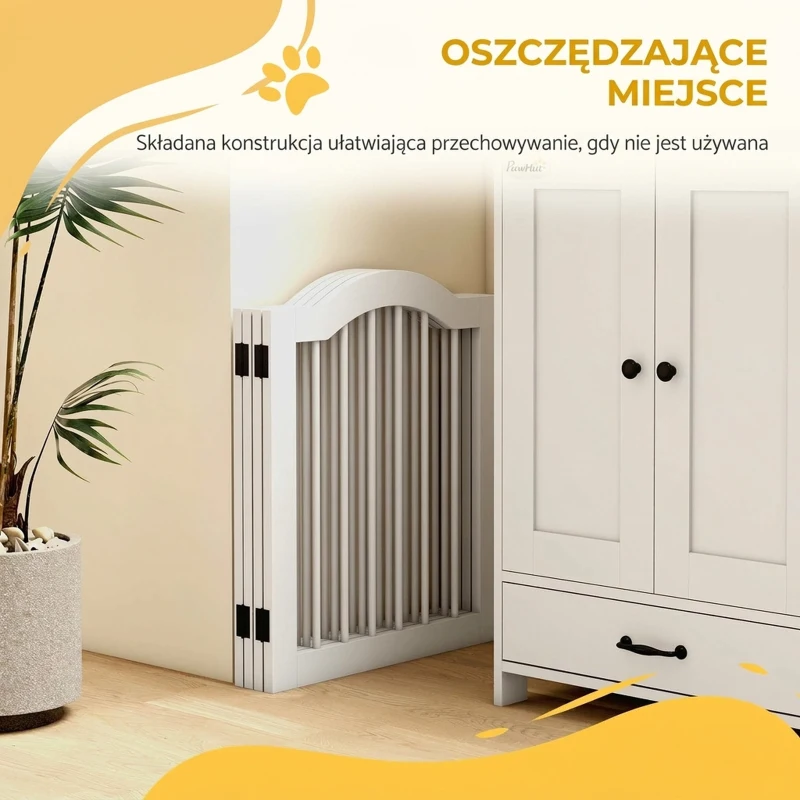 PawHut Bramka dla psów, 5 paneli, składana, elastyczna, Drewno lite/MDF, 254,5x29,5x61 cm, Biała