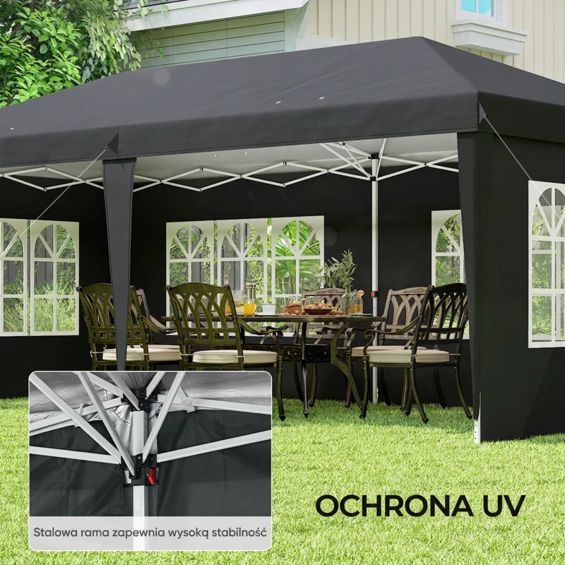 Outsunny Pawilon 3x6m wodoodporny składany z 4 ścianami, okna, UV, torba, czarny