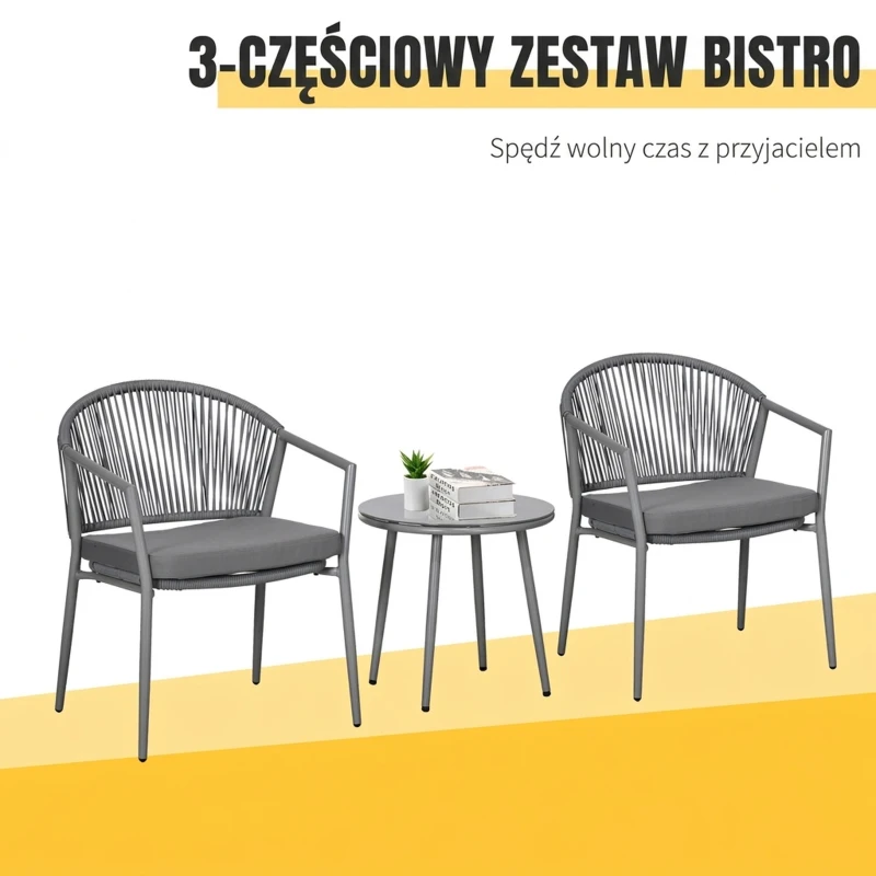 Outsunny 3-częściowy zestaw bistro rattanowy, zgrupowanie siedzeń, zestaw ogrodowy z 2 krzesłami ogrodowymi, stolik kawowy, zestaw mebli balkonowych dla ogrodu, tarasu, stal, szary