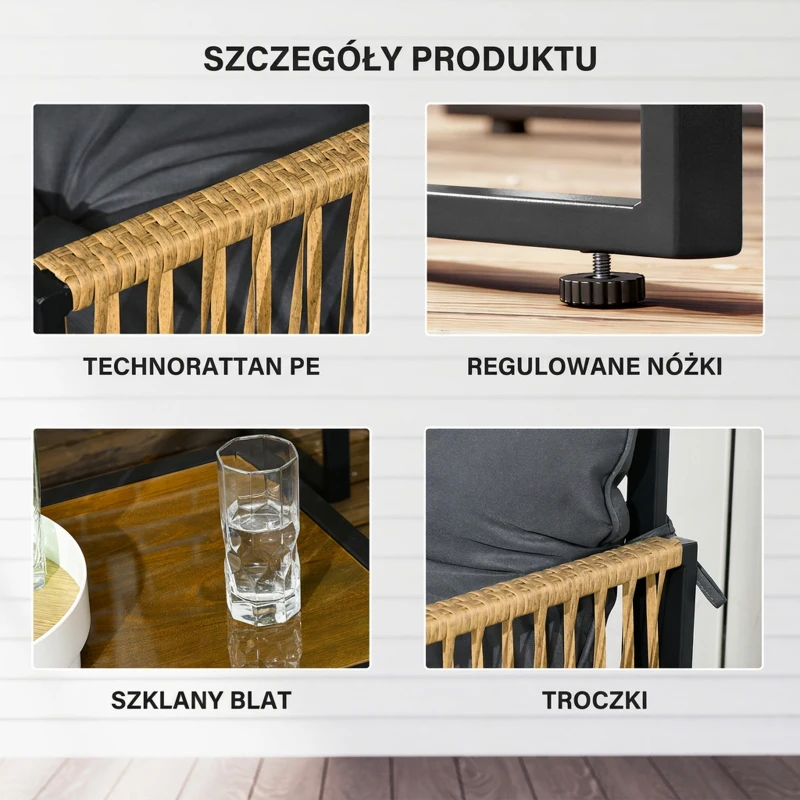 Outsunny 4-częściowy zestaw mebli ogrodowych z rattanu, komplet wraz z poduszkami, zestaw wypoczynkowy z 1 stolikiem kawowym z szklanym blatem, 2 fotelami i 1 dwuosobową sofą, stal, brązowy