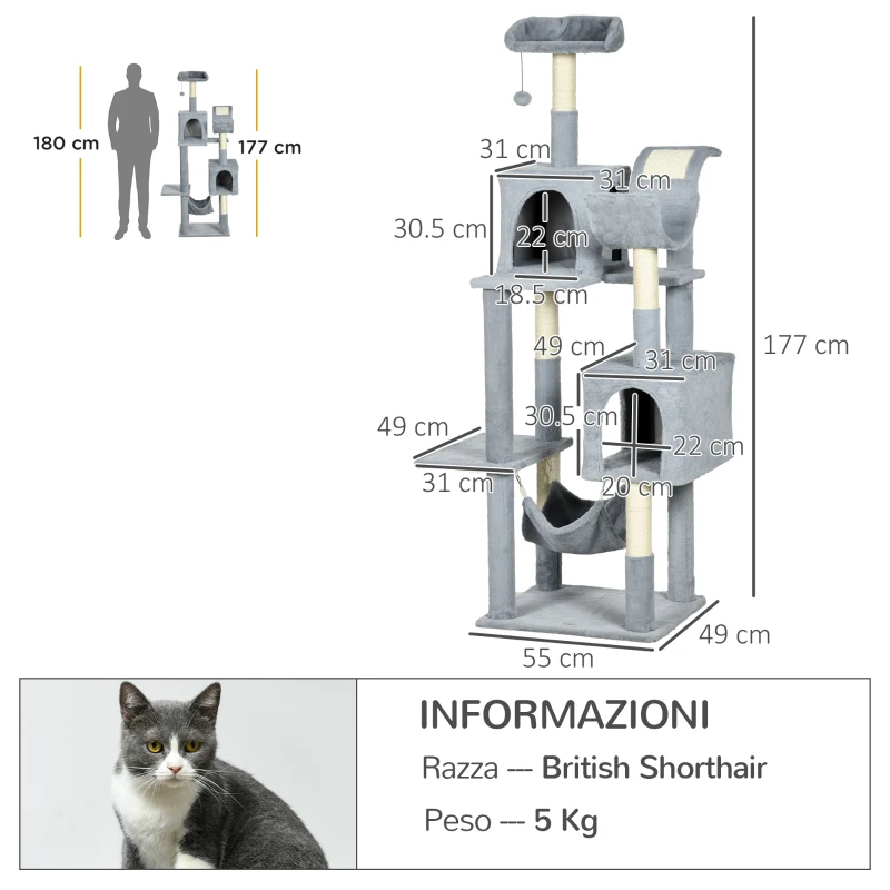 PawHut Albero per Gatti con Amaca, Lettino e 2 Casette, in Truciolato e Peluche, 55x49x177 cm, Grigio e Bianco