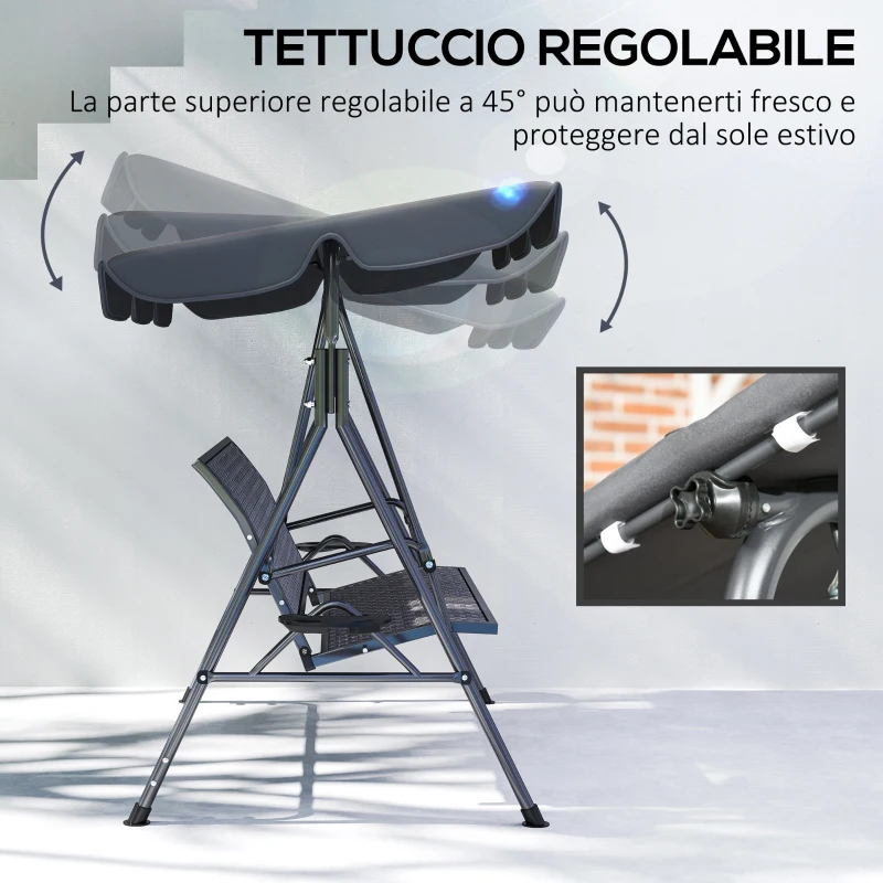 Outsunny Dondolo da Giardino 3 Posti in Rattan PE e Acciaio con Tettuccio e Portabicchieri, 204x112x150 cm, Grigio