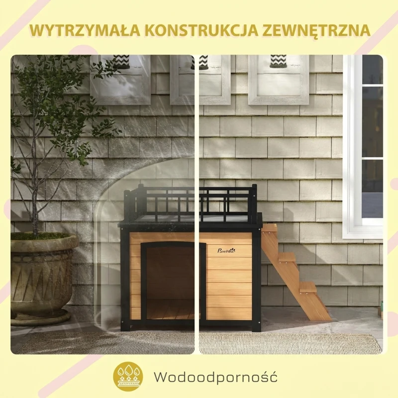PawHut Domek dla psa z tarasem dachowym, odporny na warunki atmosferyczne, Drewno, 121x77x78cm, Czarny/Żółty