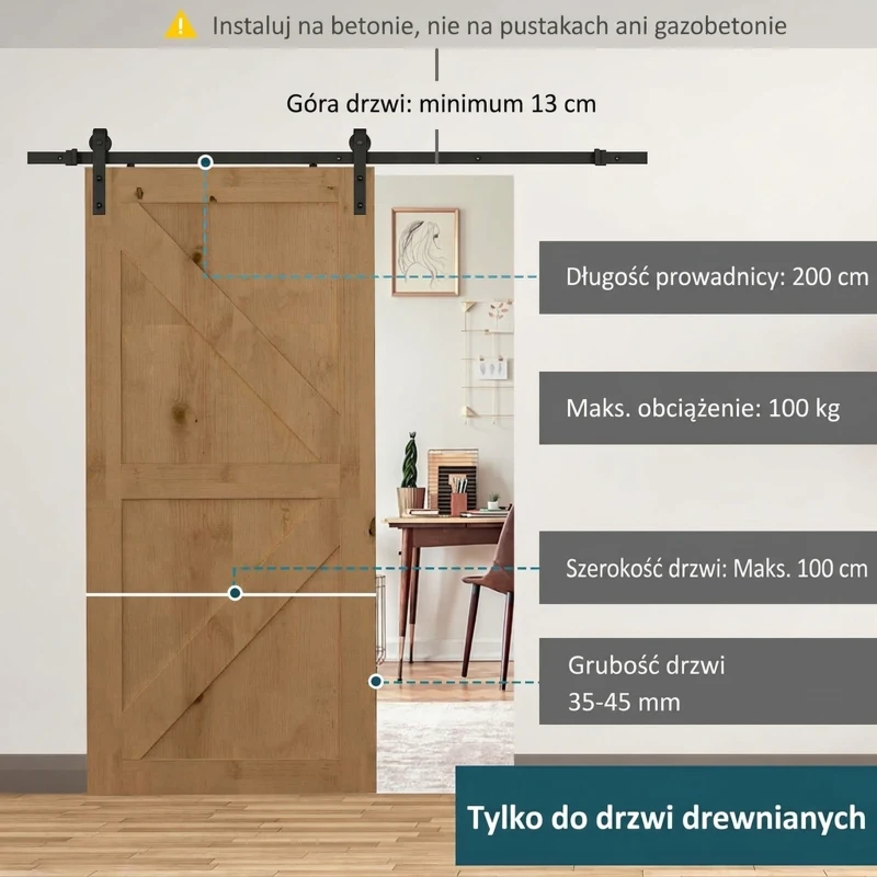 HOMCOM Zestaw do drzwi przesuwnych, 2 m, kompletny zestaw ze szynami, wspornikami, zestaw śrub, system drzwi przesuwnych ze stali węglowej, czarny