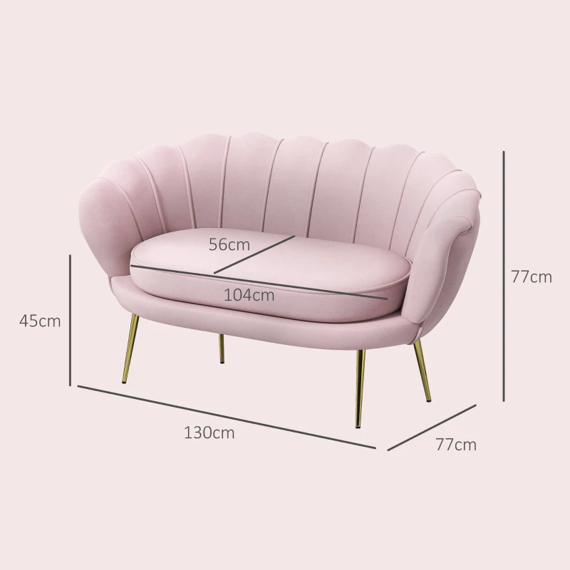 HOMCOM Divano 2 Posti in Velluto con Schienale a Conchiglia, 130x77x77cm, Rosa