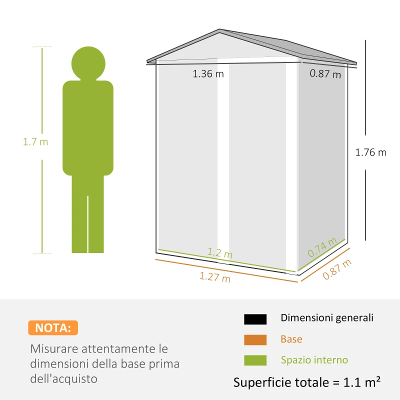 Outsunny Casetta da Giardino in Acciaio 1.1m² con Porta Scorrevole Bloccabile, 136x87x179 cm, Verde