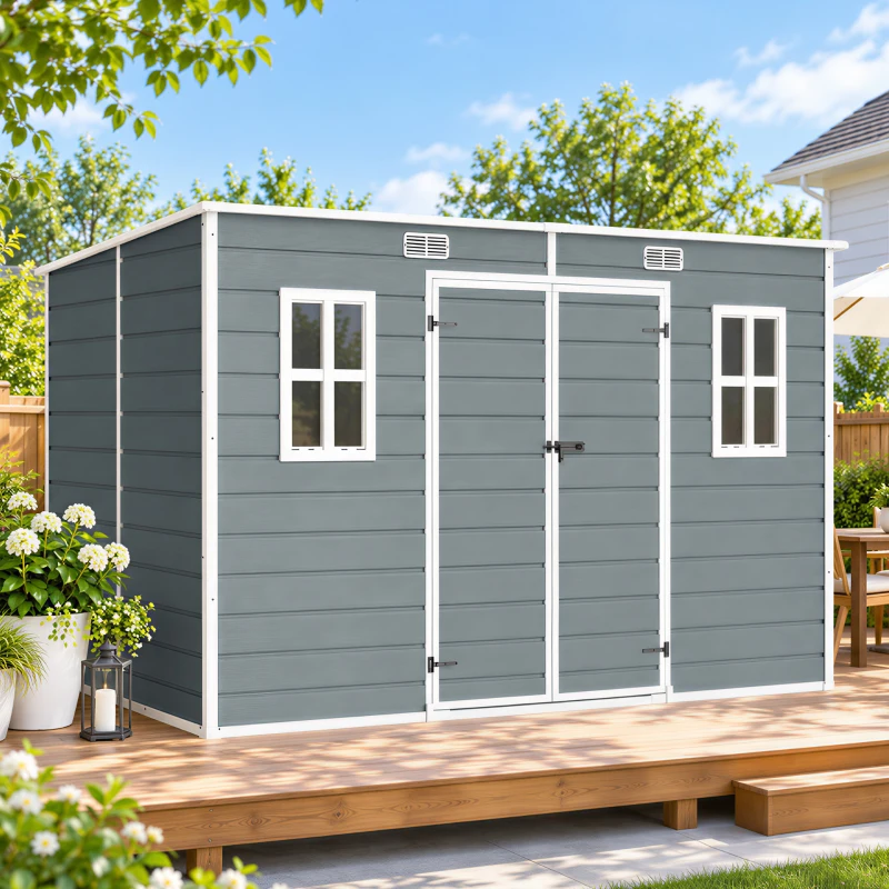 Outsunny Casetta per Attrezzi a 2 Ingressi con Finestre e Prese d'Aria, in PP e Alluminio, 303x183x184 cm, Grigio