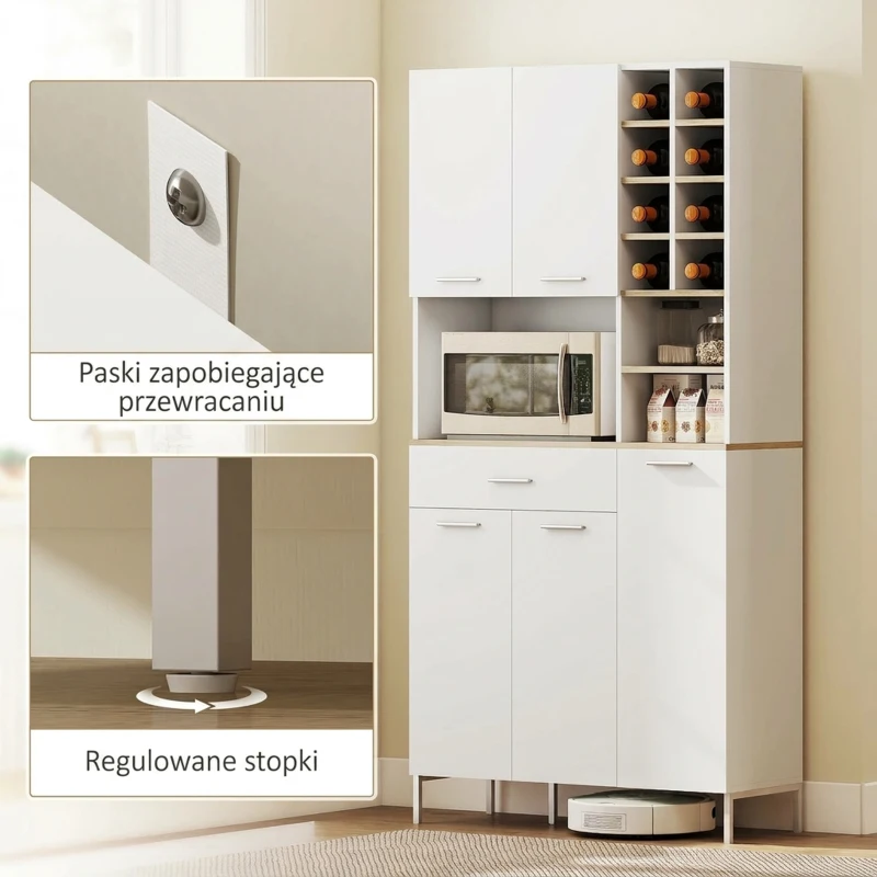 HOMCOM Tall Kitchen Cupboard, Freestanding 5-Door Kitchen Storage Cabinet with Wine Rack, Adjustable Shelves, Open Shelves and Drawer, Pantry Cabinet with Open Countertop and Cable Hole, White
